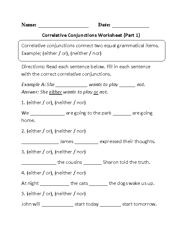 Conjunctions Worksheets Fill In Correlative Conjunctions Worksheet