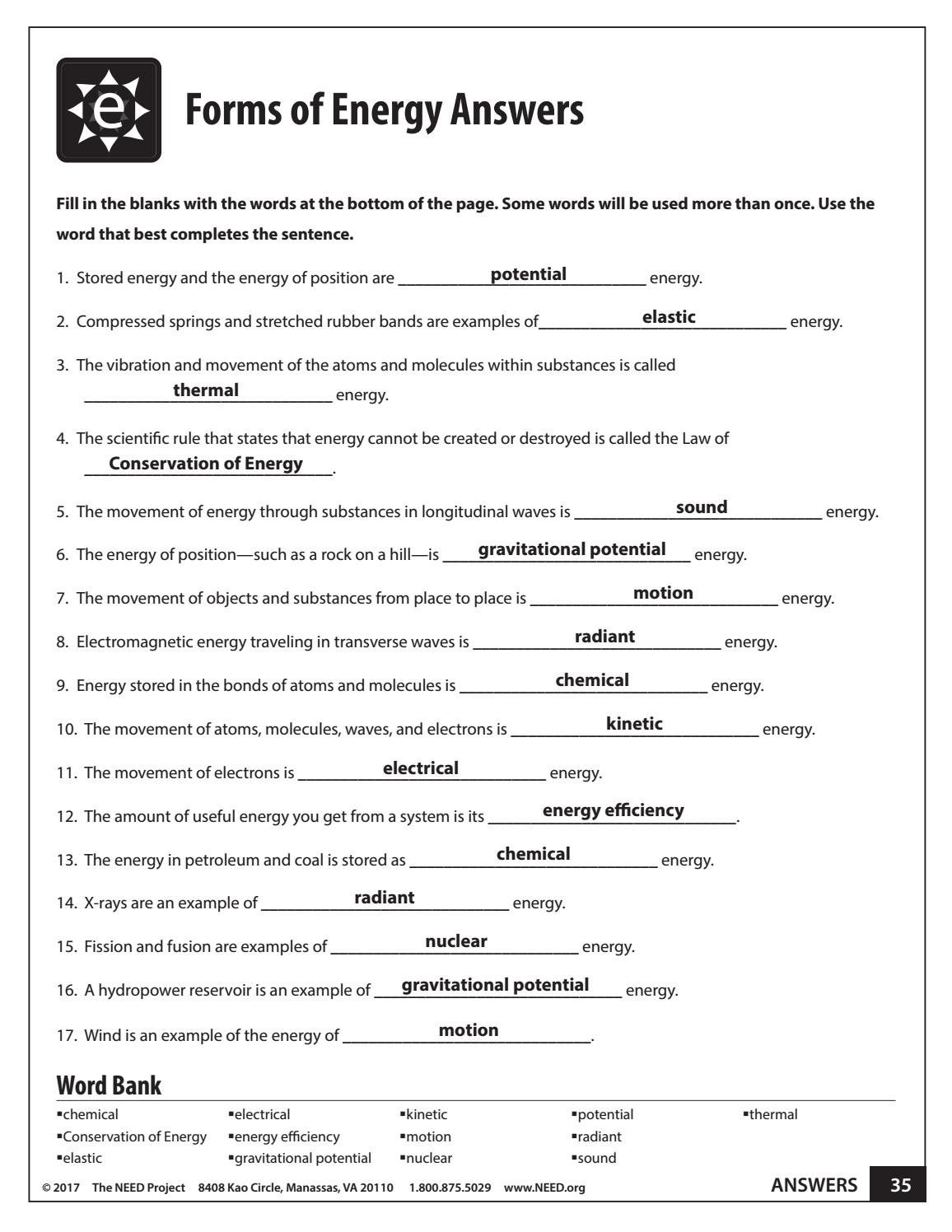 Conservation Of Energy Worksheet Answers Pdf