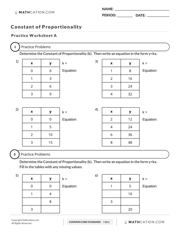 Constant Of Proportionality Worksheet