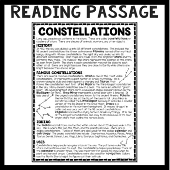 Constellations Informational Text Reading Comprehension Worksheet Outer