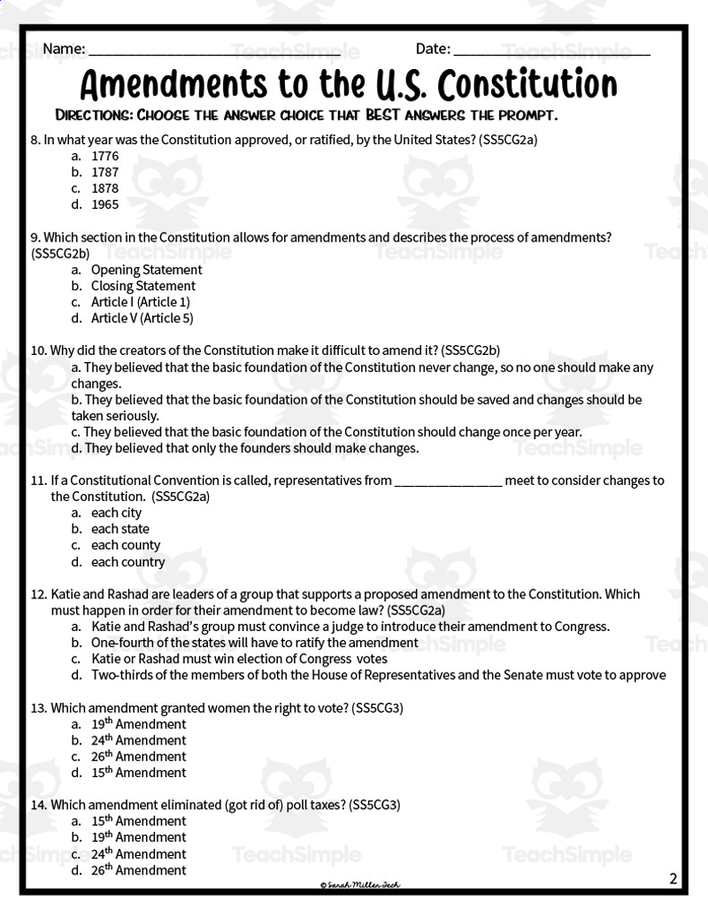 Constitutional Amendments Assessment Study Guide By Teach Simple