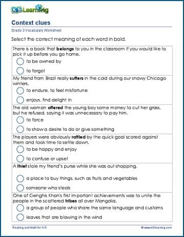 Boost Reading Skills with Context Clues Worksheets for Grade 3