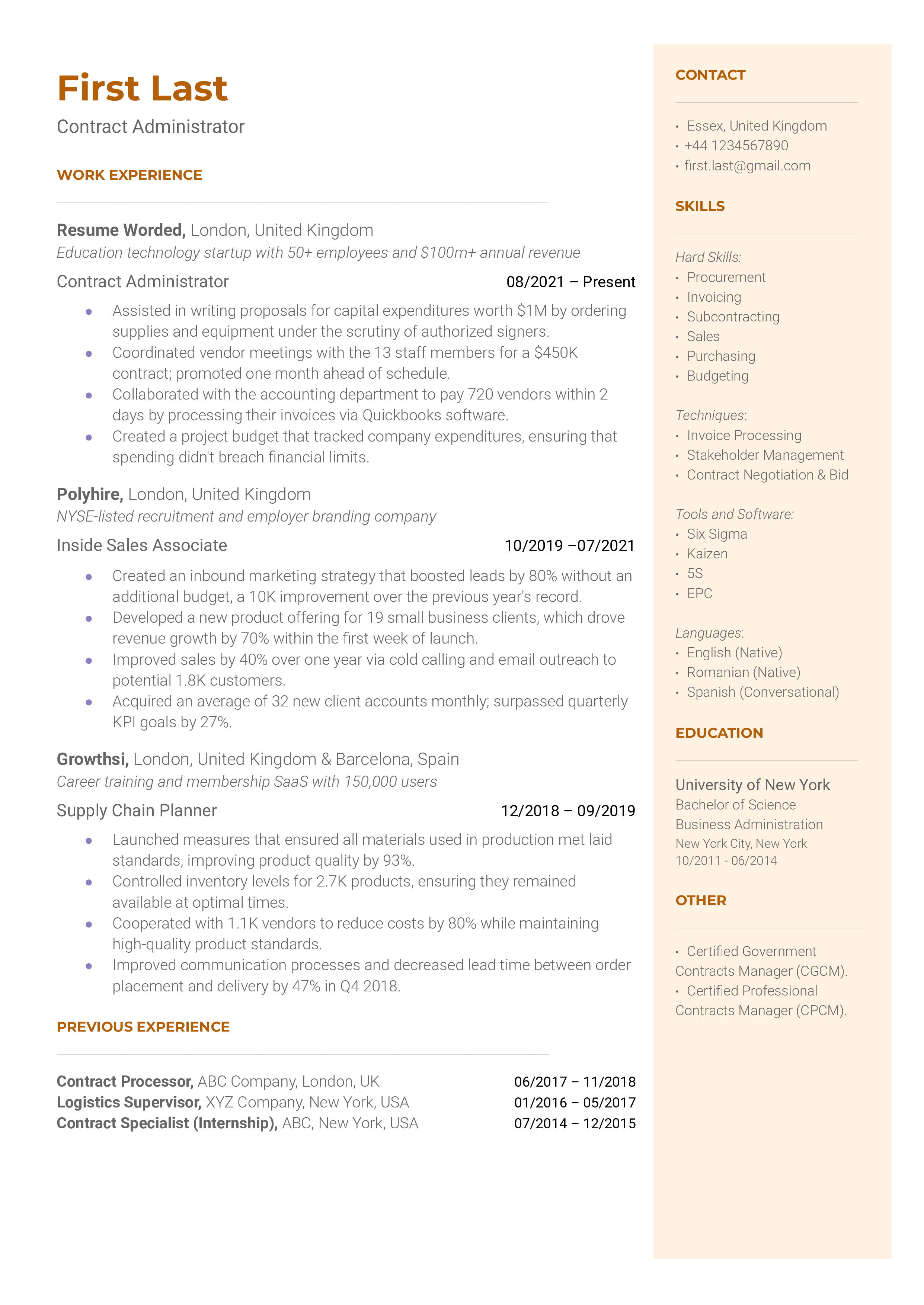 Contract Specialist Resume Example Kickresume