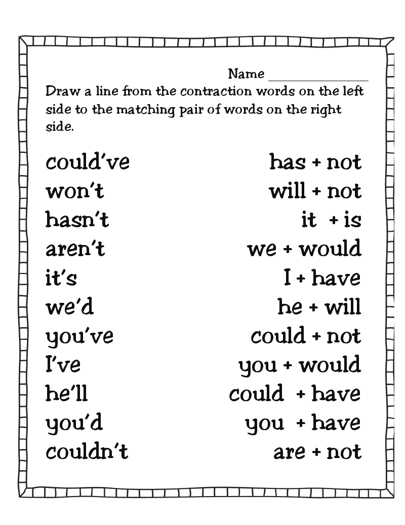 Contractions Worksheet 1St Grade Free