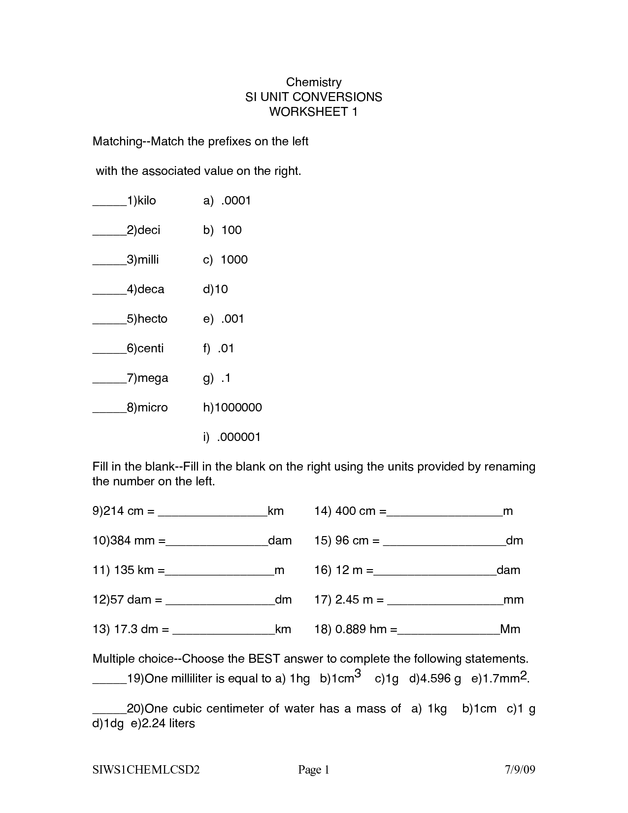 Conversion Problems Worksheet With Answers