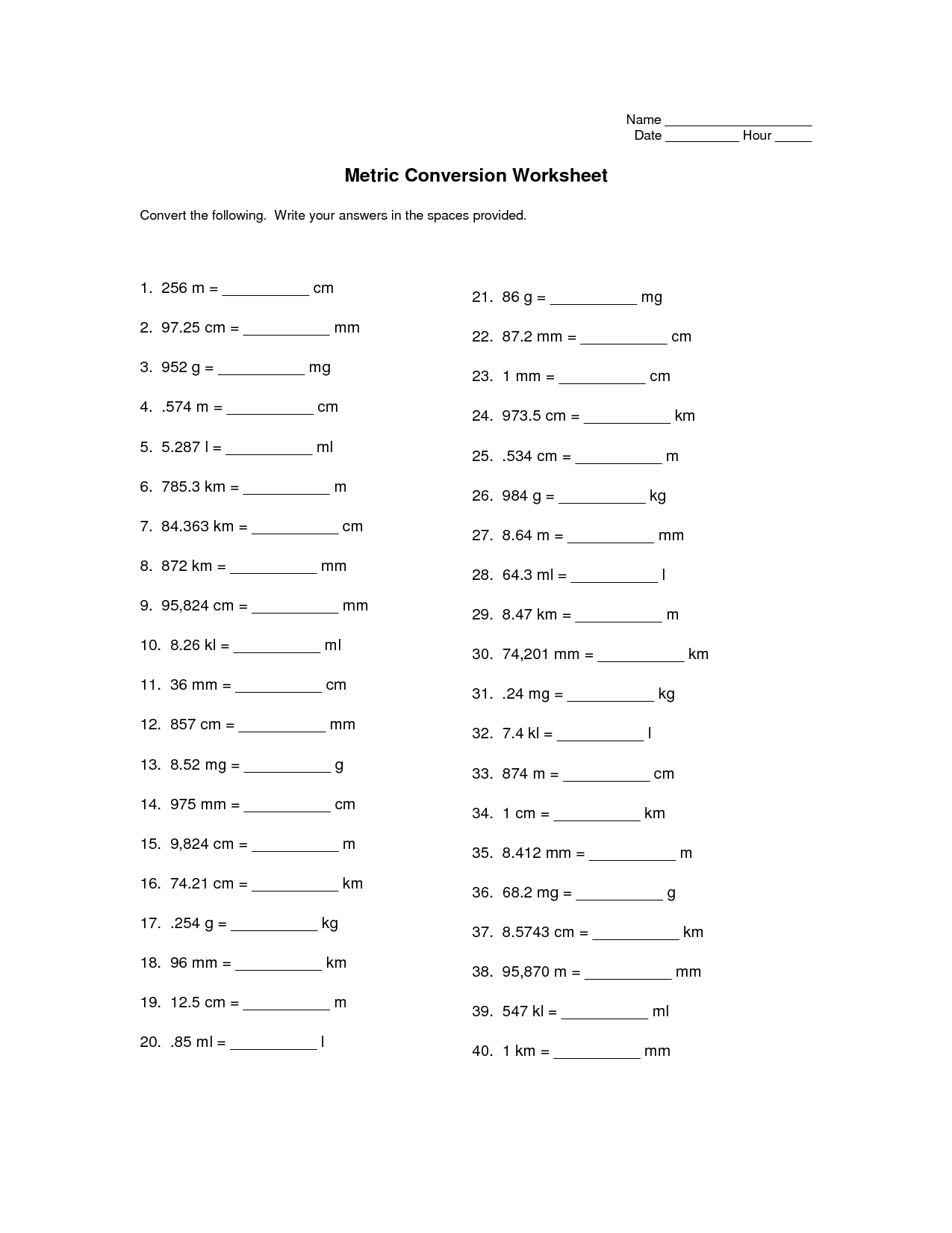 Conversions Worksheets