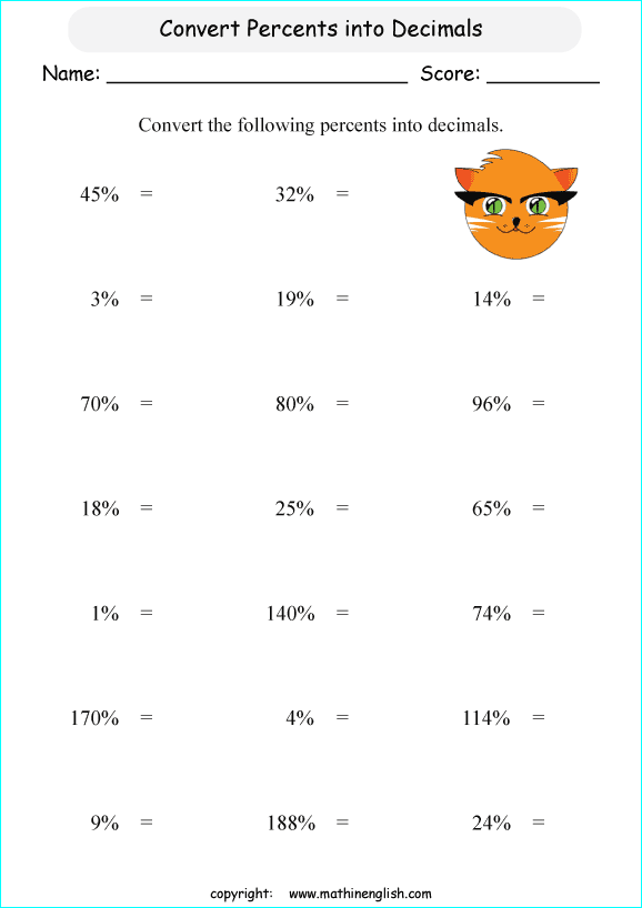 Convert Basic Percents In Decimal Worksheet For Grade 5 Math Students