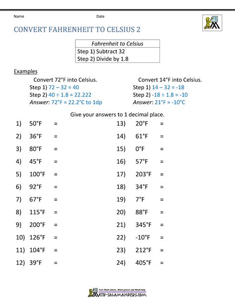 Converting Fahrenheit To Celsius Worksheet