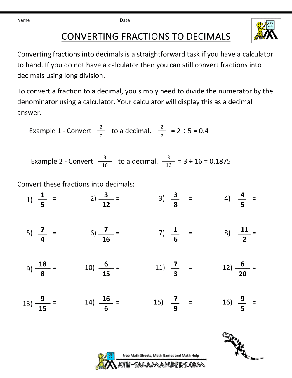 Converting Fractions To Decimals Teaching Resources