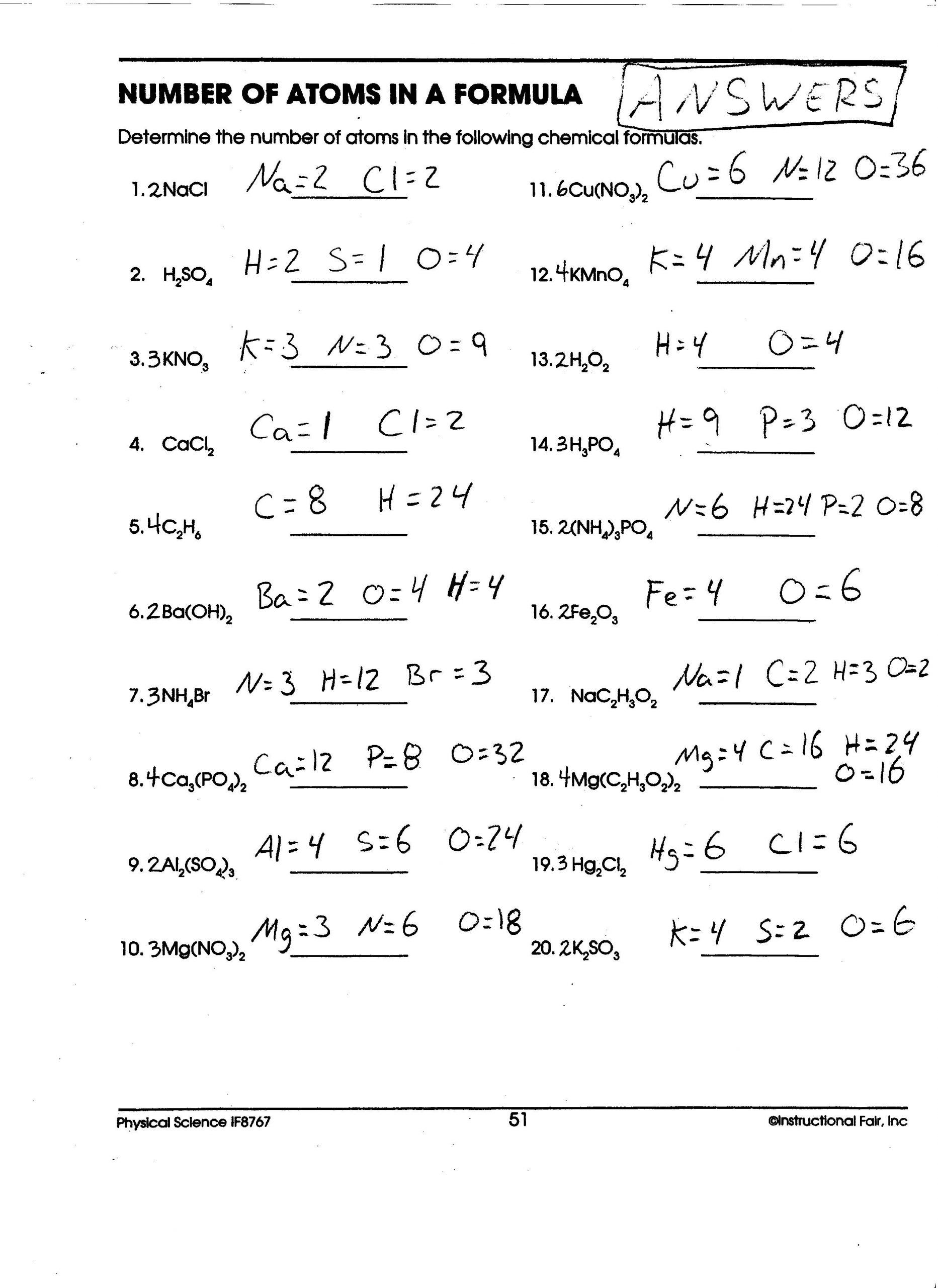 Unlock Chemistry: Counting Atoms Worksheet 2 Answer Key