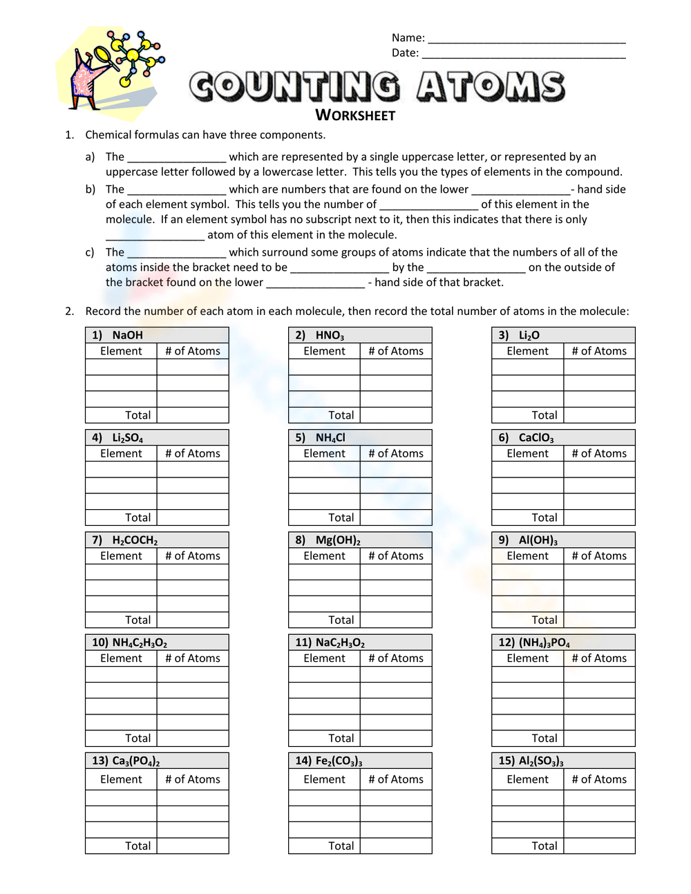 Counting Atoms Worksheet Answers: H2O Breakdown