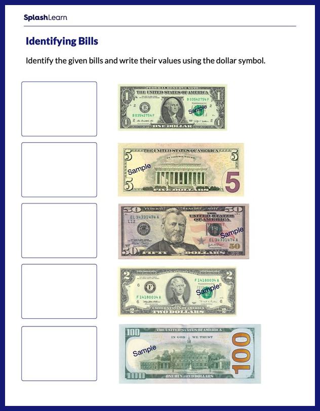 Free Printable Counting Bills Worksheets for Kids