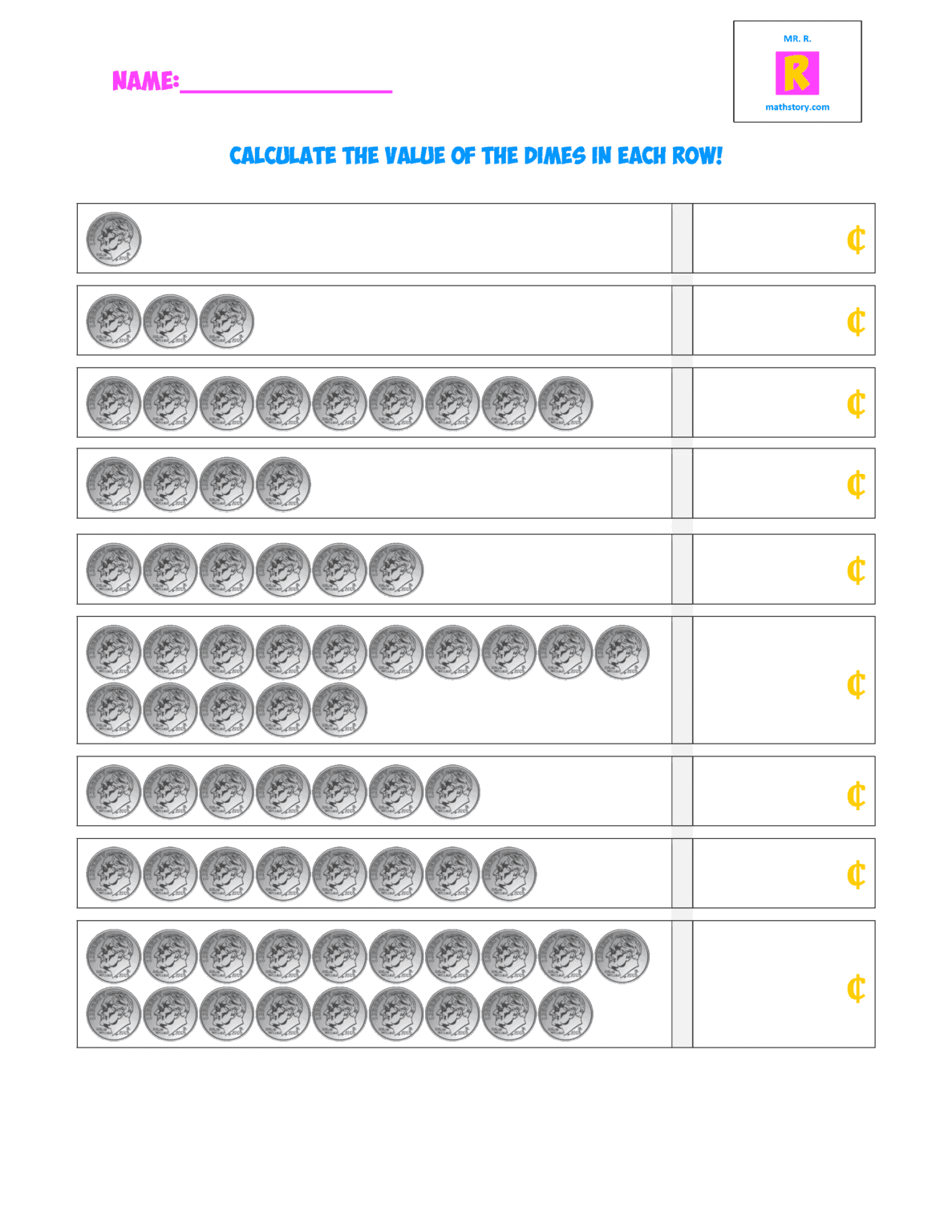 Counting Dimes Coin Worksheets