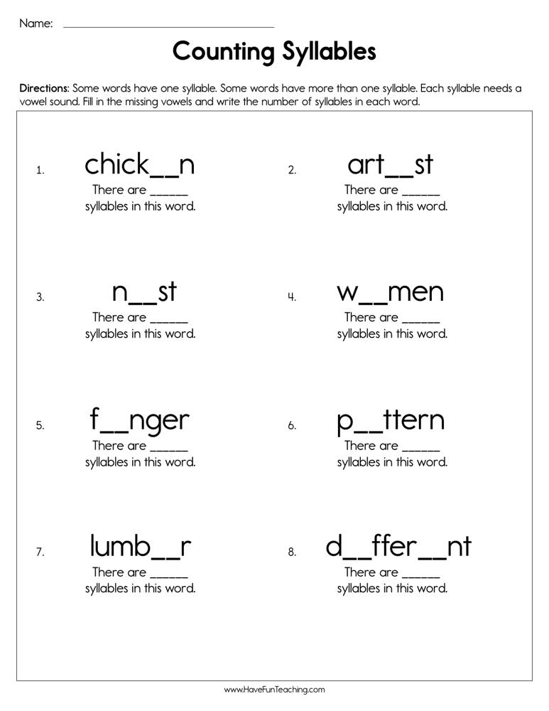 Counting Syllables Themed Worksheets By Kool Kids Games Tpt