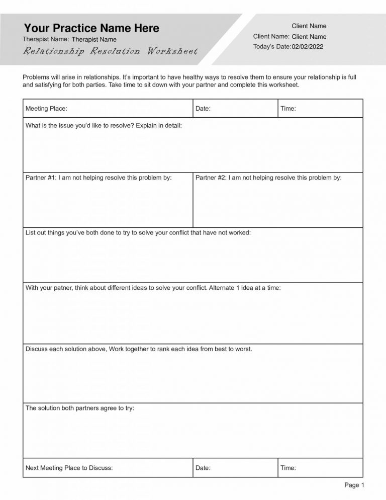 Couples Conflict Resolution Worksheet Editable Fillable Pdf Template