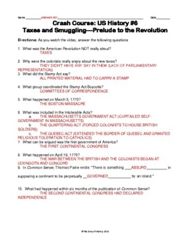 Crash Course Us History 6 Taxes And Smuggling Questions And Key