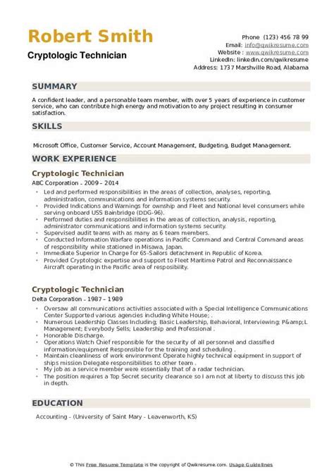 Cryptologic Technician Technical Resume Samples Qwikresume