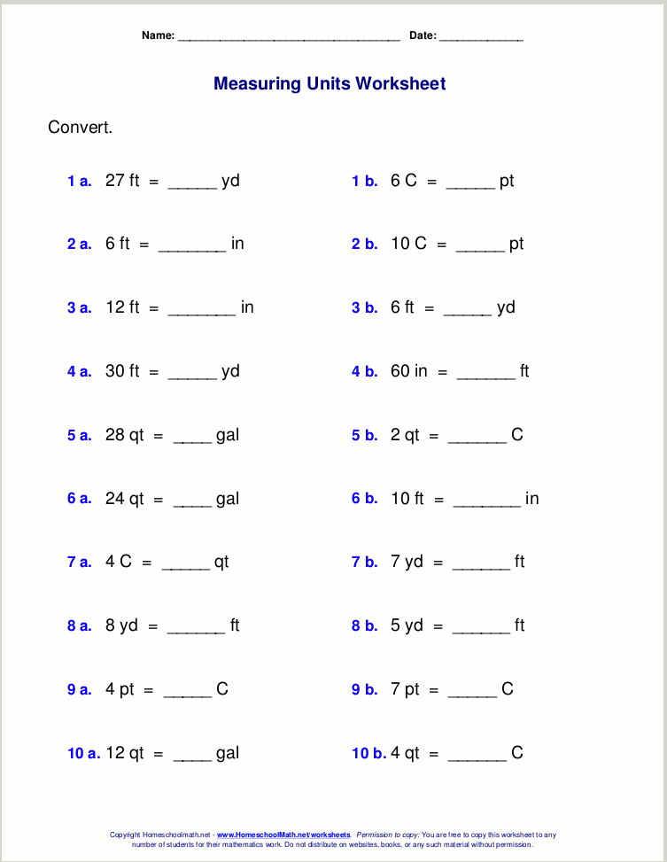 Customary Conversion Worksheet Pdf