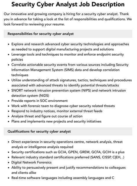 Cyber Security Analyst Job Description Velvet Jobs