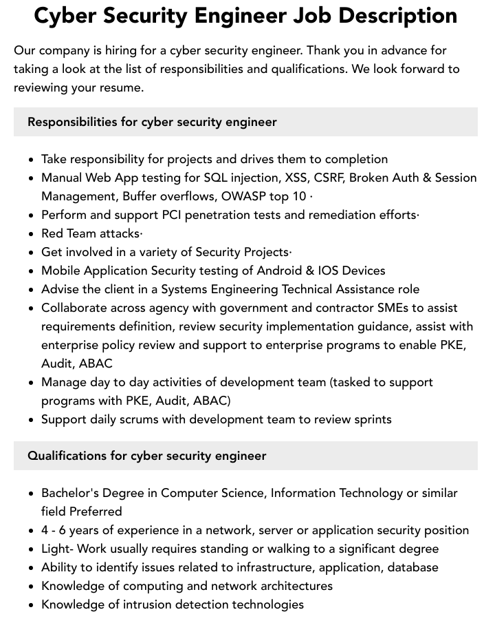 Cyber Security Engineer Job Description Velvet Jobs