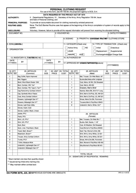 Da Form 3078 Download Printable Pdf Personal Clothing Request