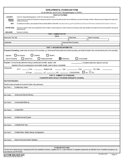 Da Form 4856 Fillable Blank Developmental Counseling Form In Pdf Download Online