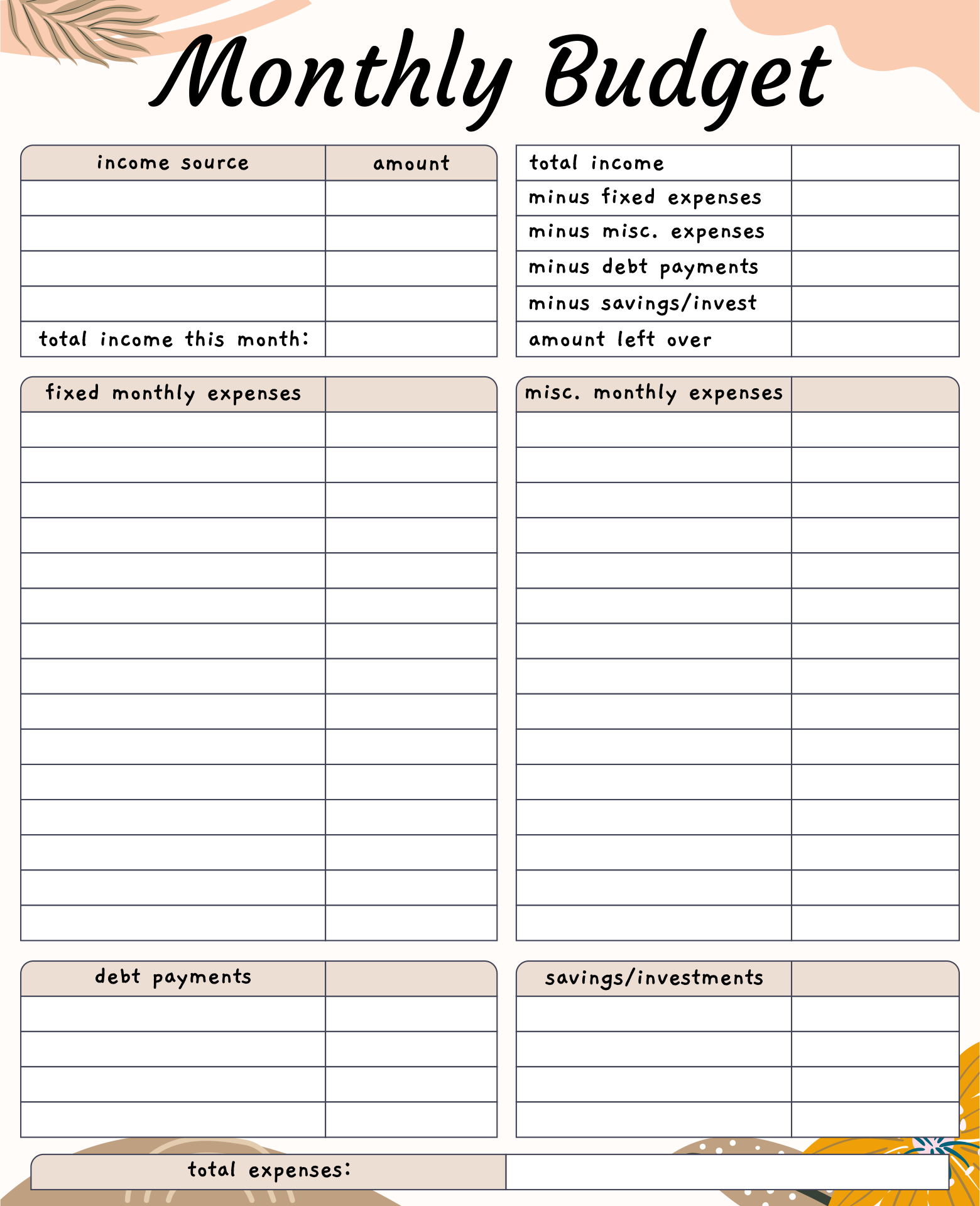 Dave Ramsey Monthly Budget Worksheet