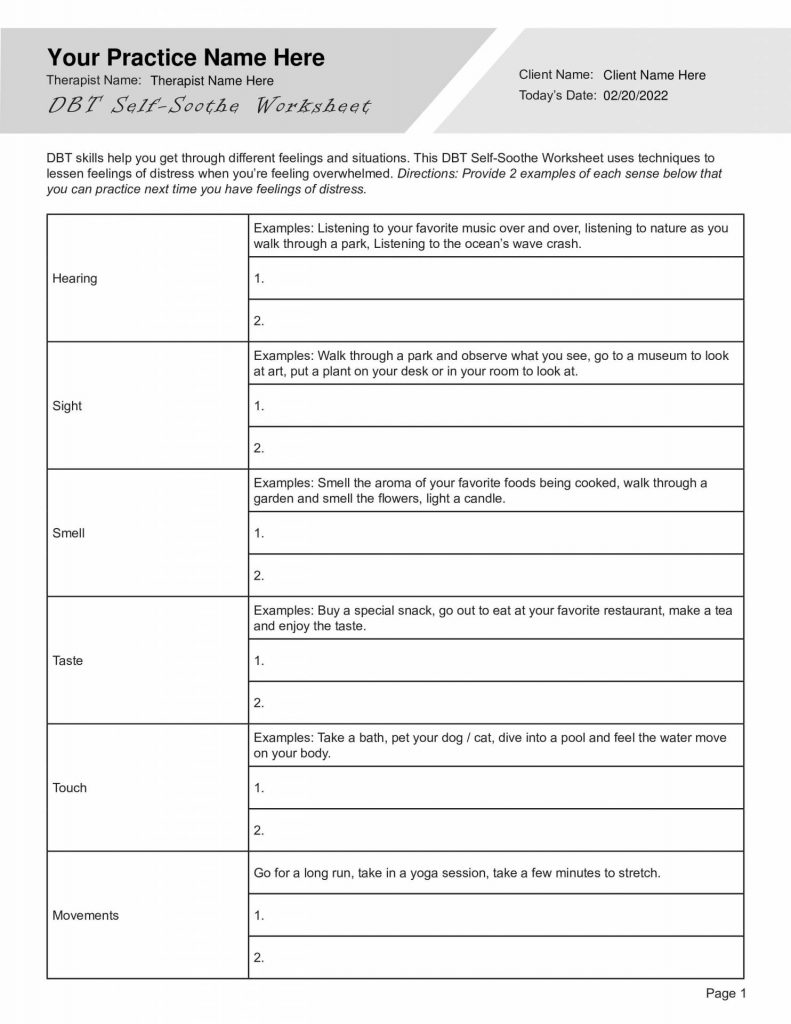 Dbt Self Soothe Worksheet Therapybypro Dbt Worksheets