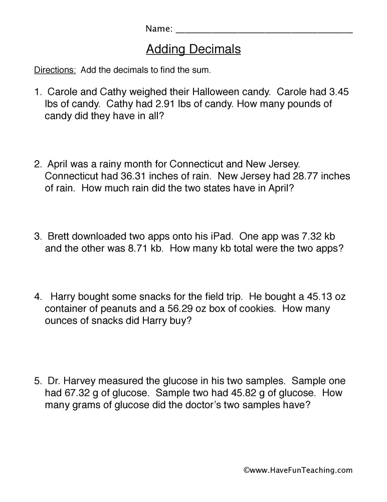 Decimal Addition Word Problems Worksheets For 5Th Graders Online