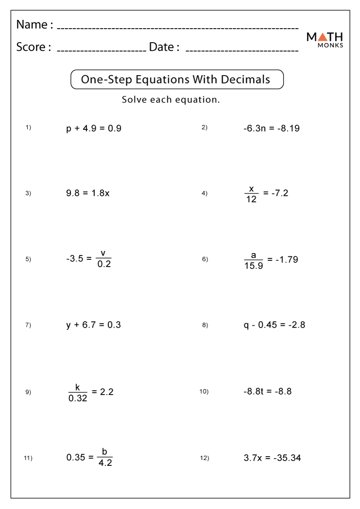 Decimal Equations Worksheets