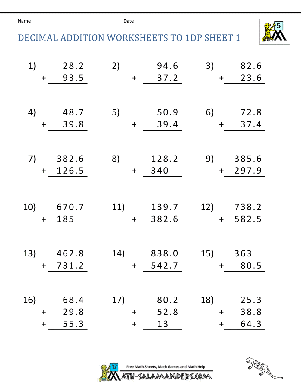 Decimal Math Worksheets Addition