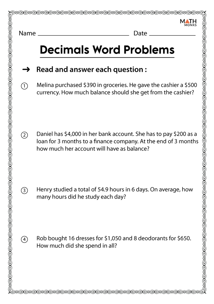 Decimal Word Problem Worksheet Grade1to6 Com