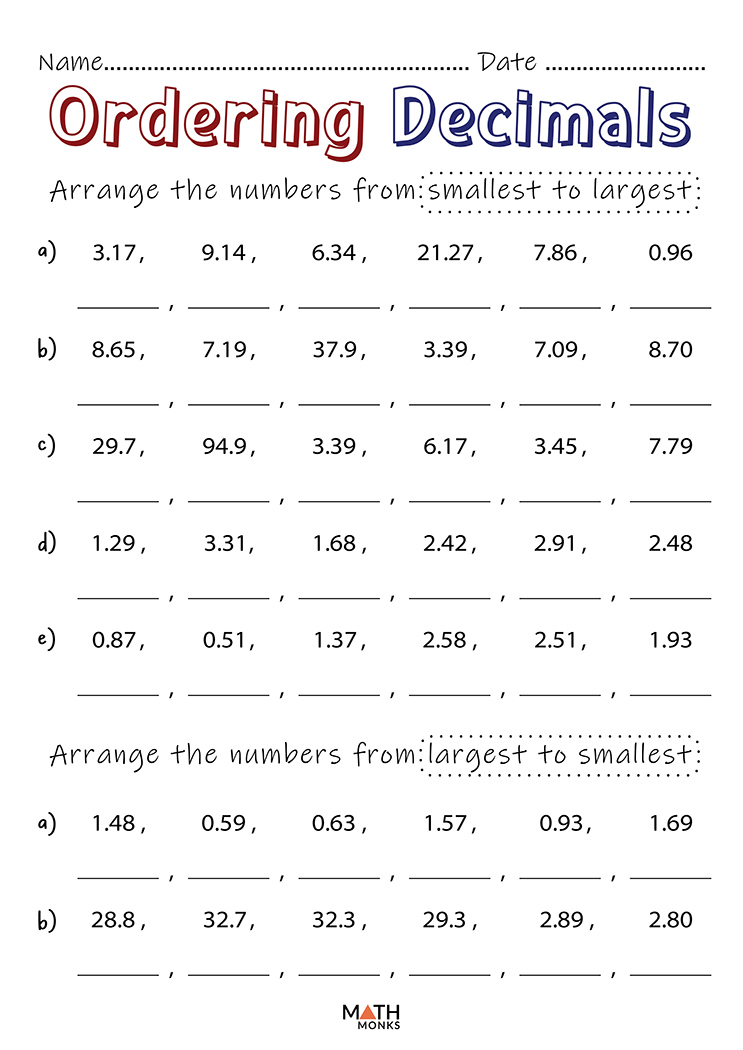 Decimals Worksheets Math Monks