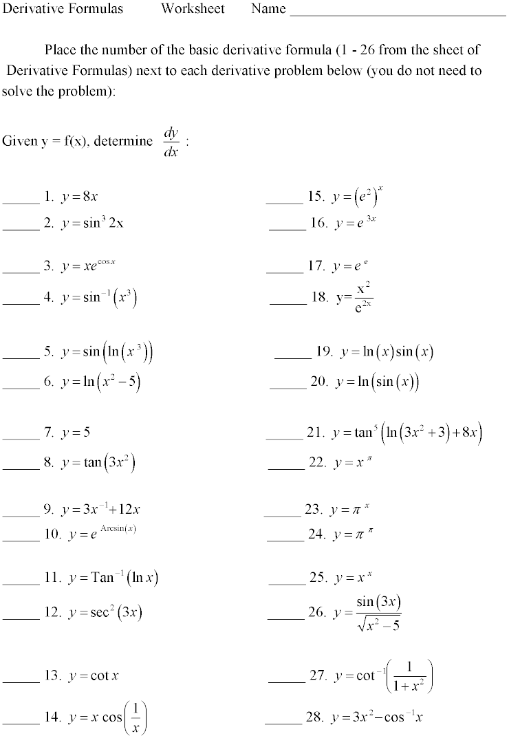 Derivative Worksheet Pdf Calculus Worksheets Differentiation Rules For Calculus Worksheets