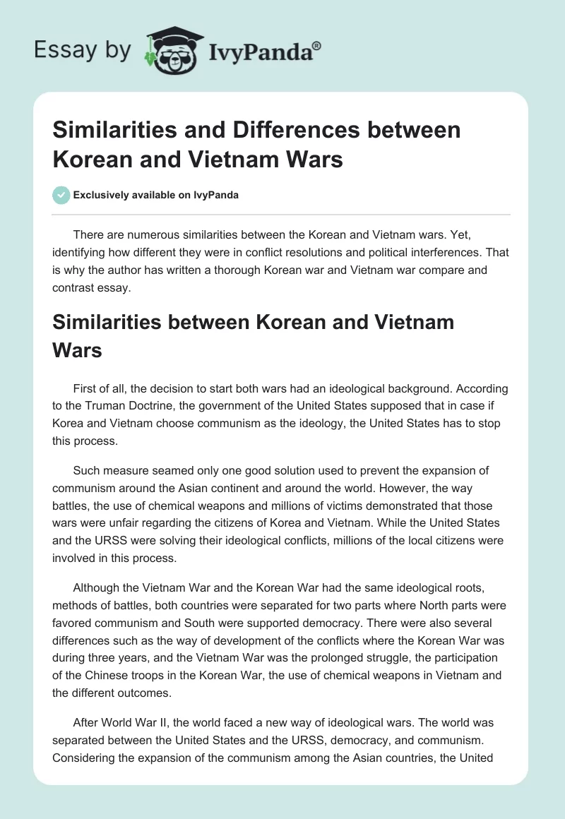 Differences And Similarities Between Korean And Vietnam War Essay