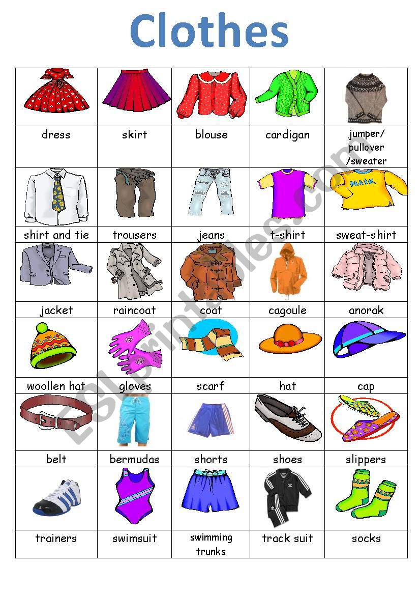 Different Types Of Clothes Worksheet