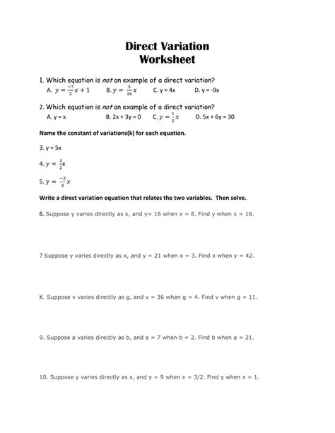 Direct Variation Worksheet Grade 7