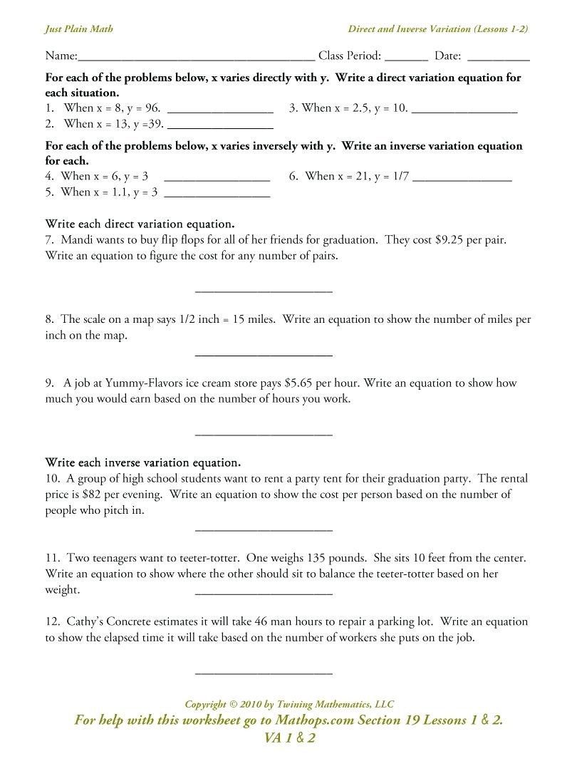 Direct Variation Worksheet Grade 9