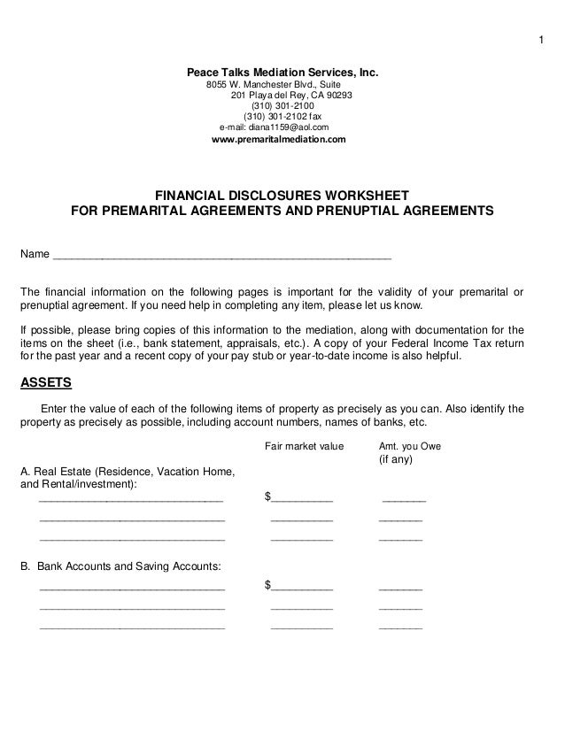 Disclosures Worksheet For Premarital Agreements And Prenuptial Agreem