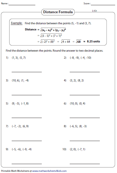 5 Answers for the Distance Formula Worksheet