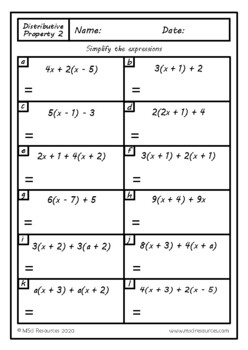 Distributive Property Simplifying Expressions Quiz Worksheets Pre Algebra