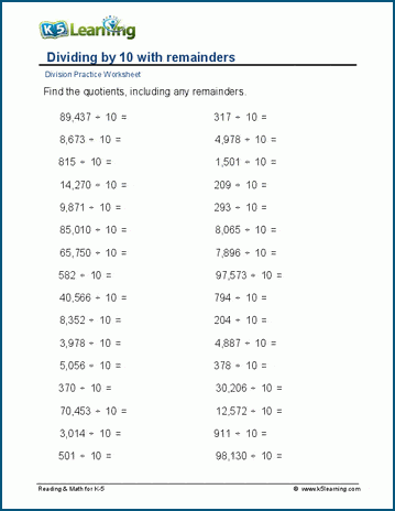 Dividing By 10 100 Remainders Worksheets K5 Learning