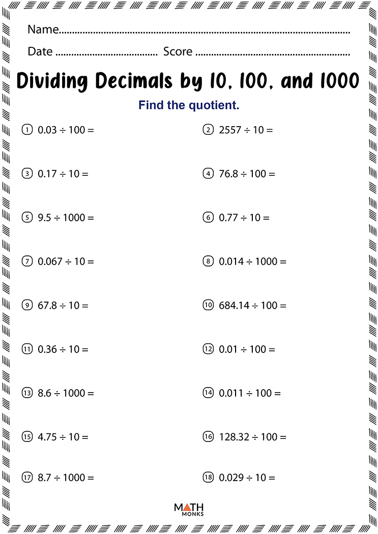 Dividing Decimals By Decimals 5Th Grade