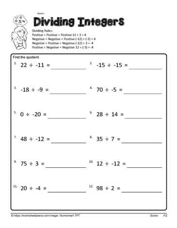 Dividing Integers 3 Worksheets