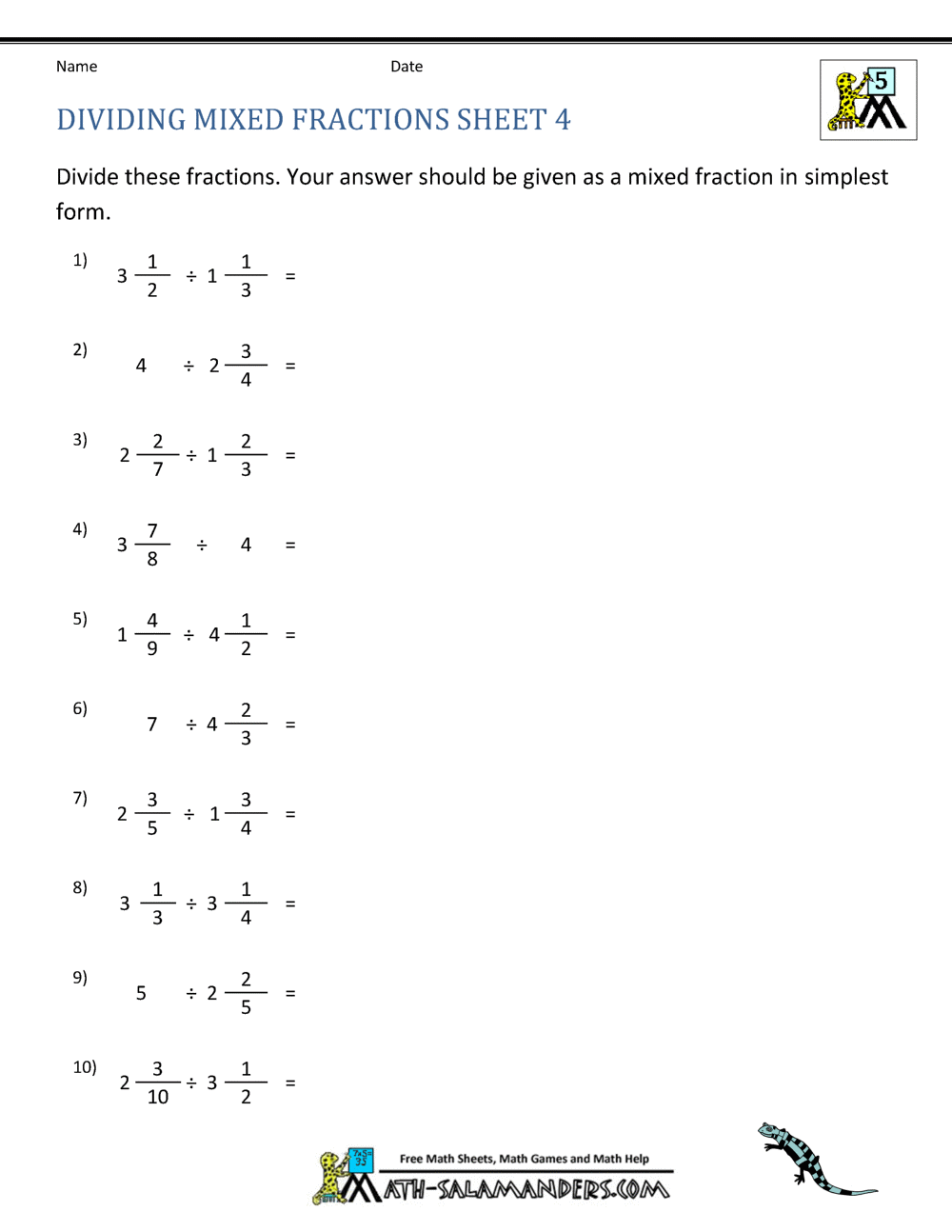 Dividing Mixed Numbers Fractions Worksheet 814857 Free Worksheets Samples