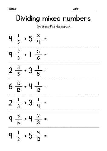 Dividing Mixed Numbers Worksheet With Answers Printable Word Searches