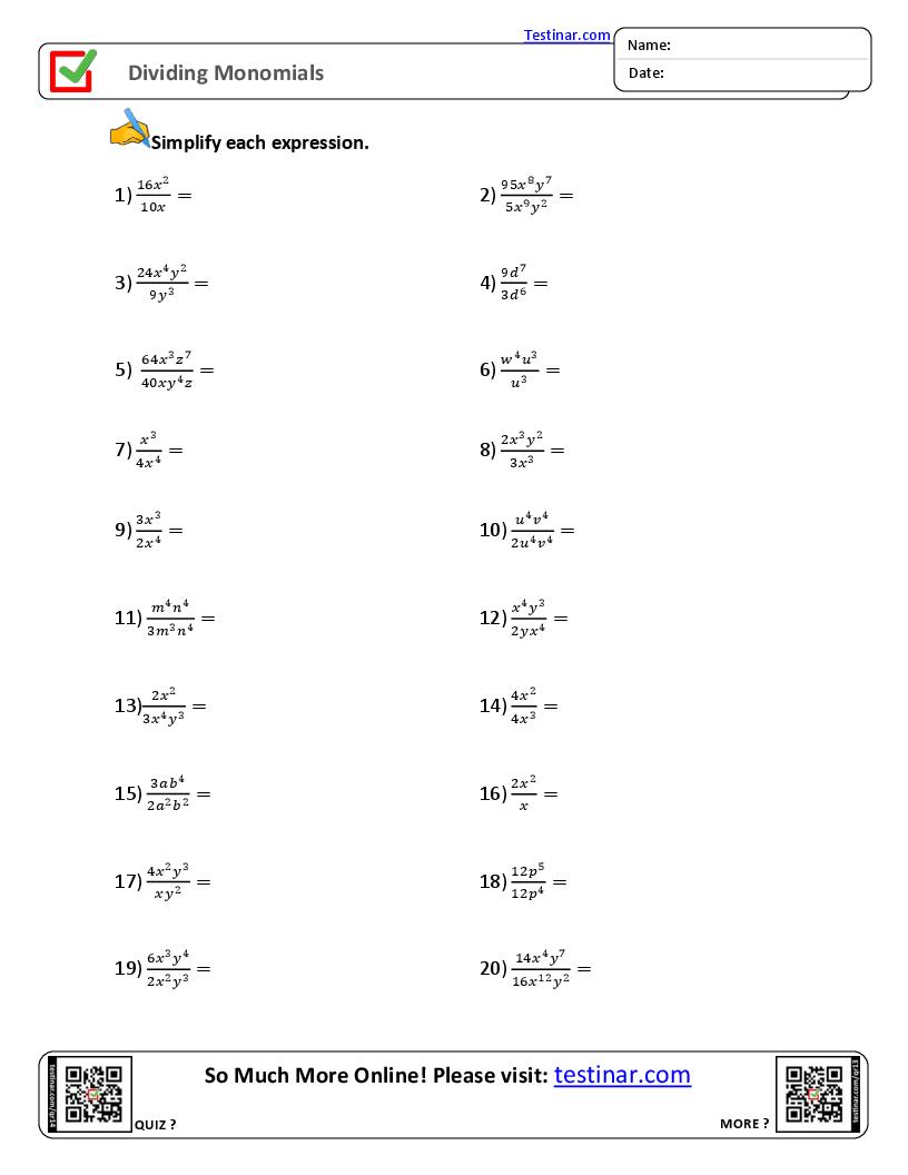 Divide with Ease: Monomials Worksheet and Answers