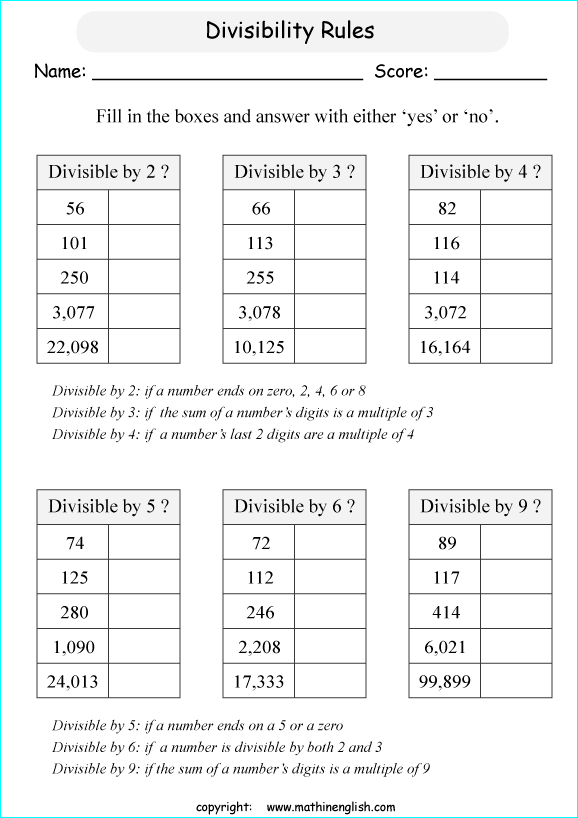 Divisibility Rules Grade 5 Worksheet