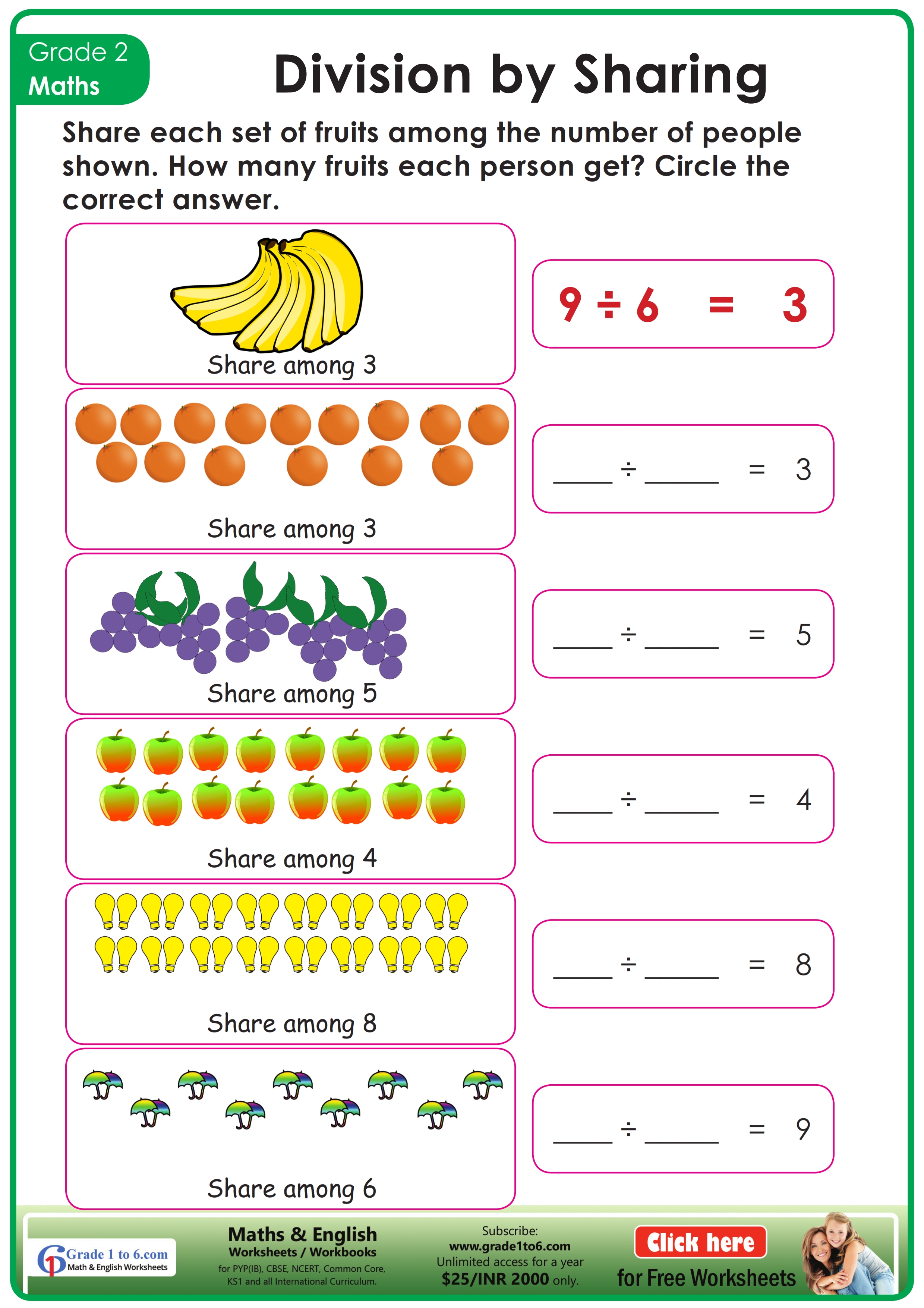 Division By Equal Sharing Worksheet Grade1to6 Com