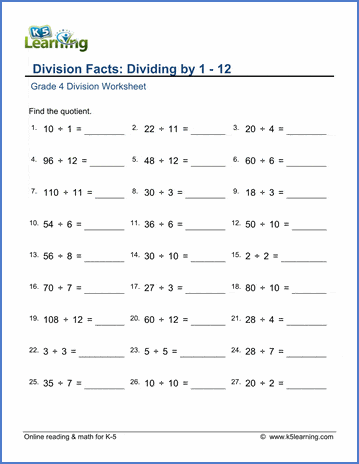 Division Facts 1 12 Worksheets